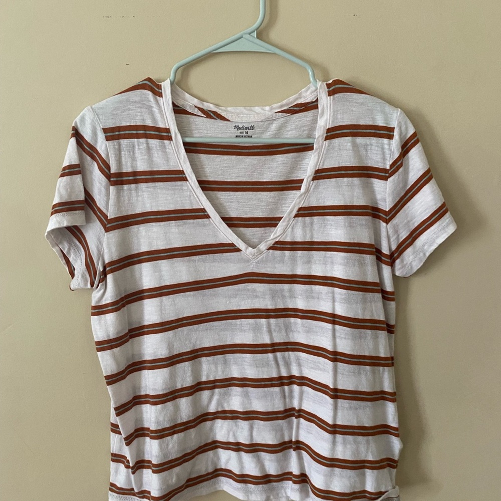 Madewell Short Sleeve V-Neck Tee - White and Brown Stripes